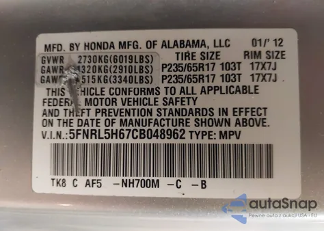 2012 Honda Odyssey Ex-L z USA, uszkodzony, nr VIN 5FNRL5H67CB048962